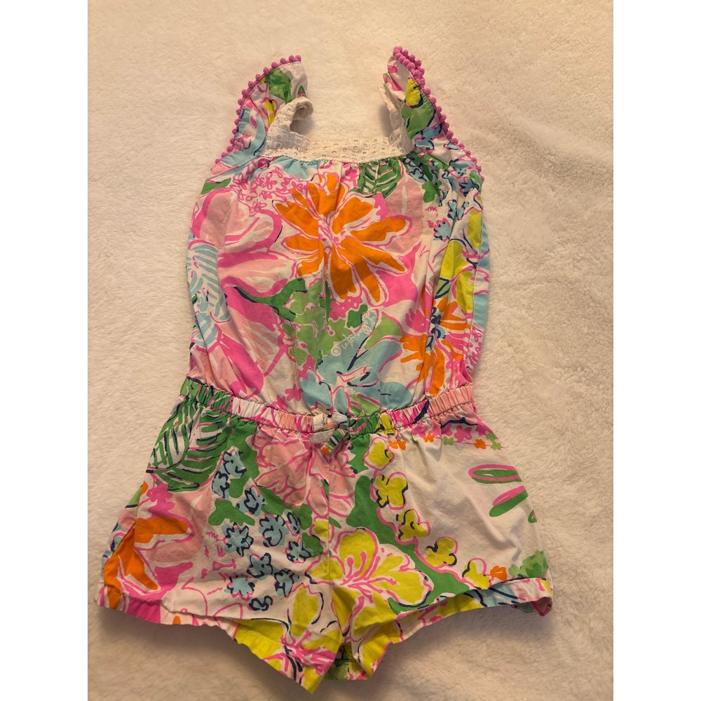 Lilly Pulitzer for Target Girls Floral Romper Pink Orange Tropical Pom Trim 3T